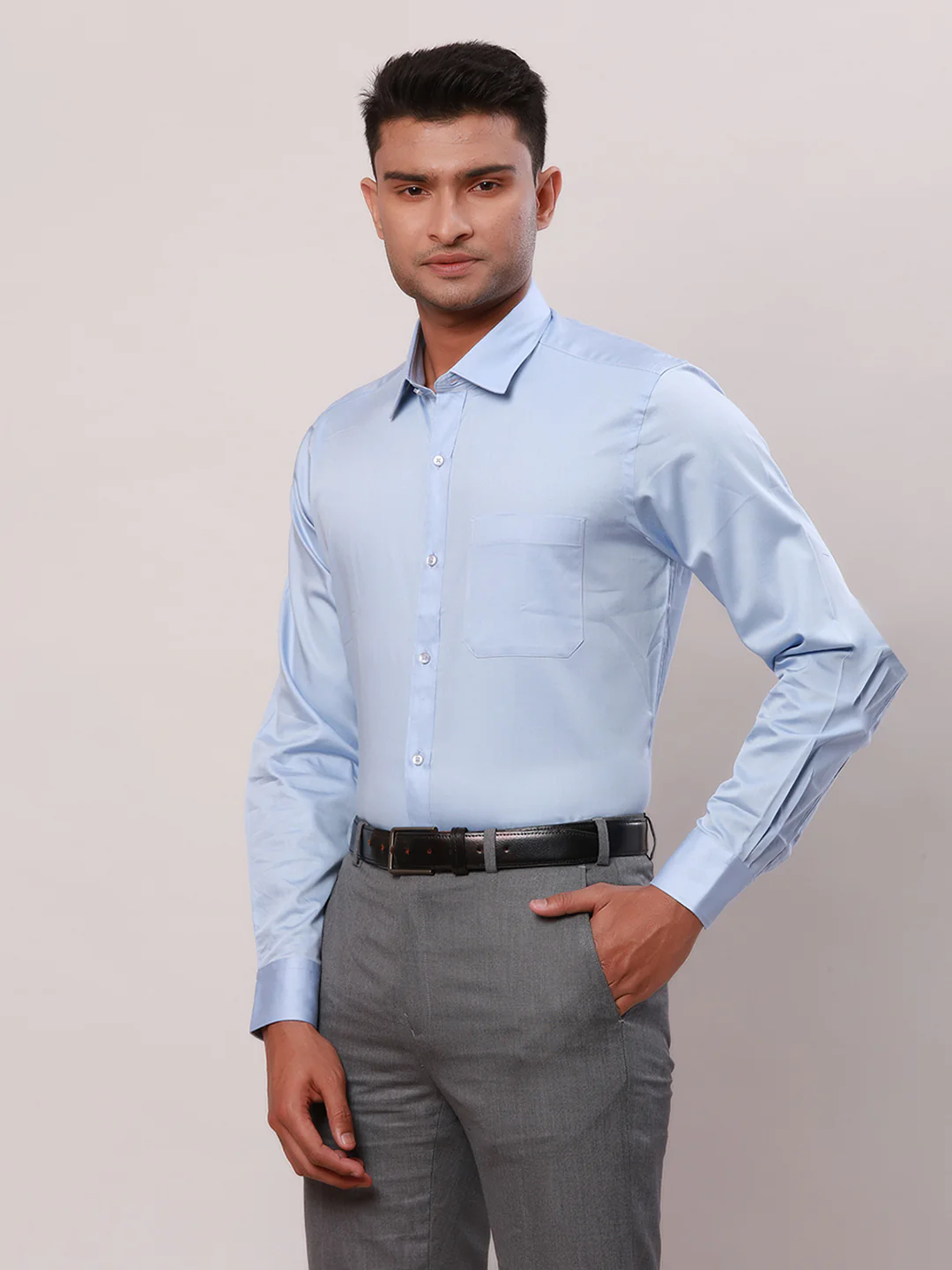 Raymond Men Blue Solid Contemporary Fit Cotton Blend Shirt - Image 3
