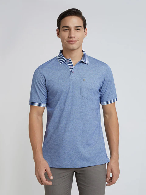 Raymond Men Blue Solid Contemporary Fit Cotton Blend T-Shirt