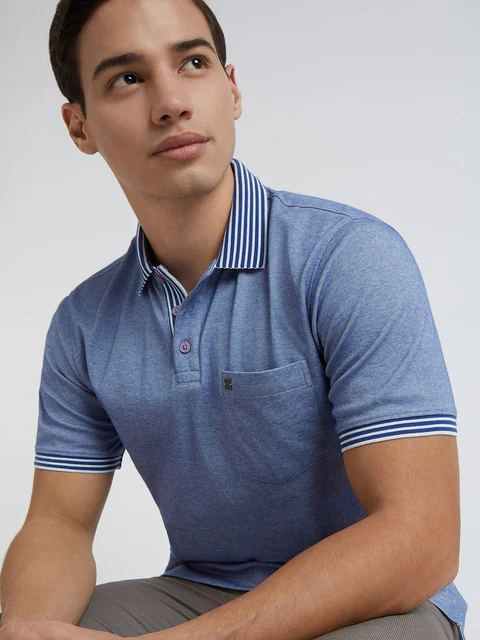 Raymond Men Blue Solid Contemporary Fit Cotton Blend T-Shirt - Image 7