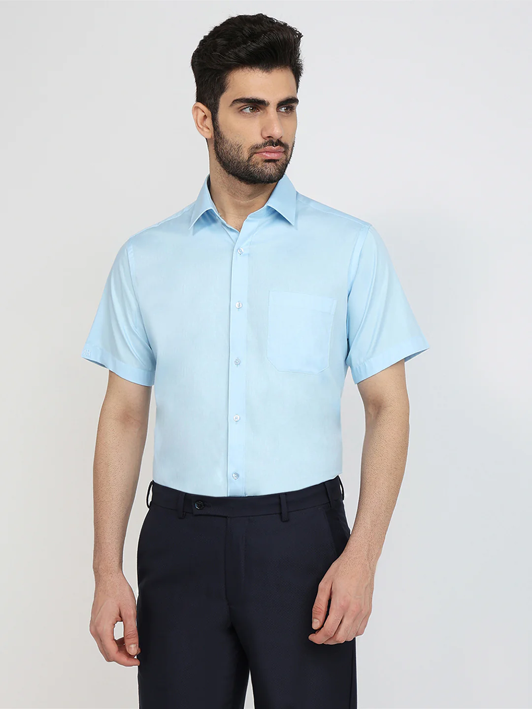 Raymond Men Blue Solid Contemporary Fit Cotton Formal Shirt