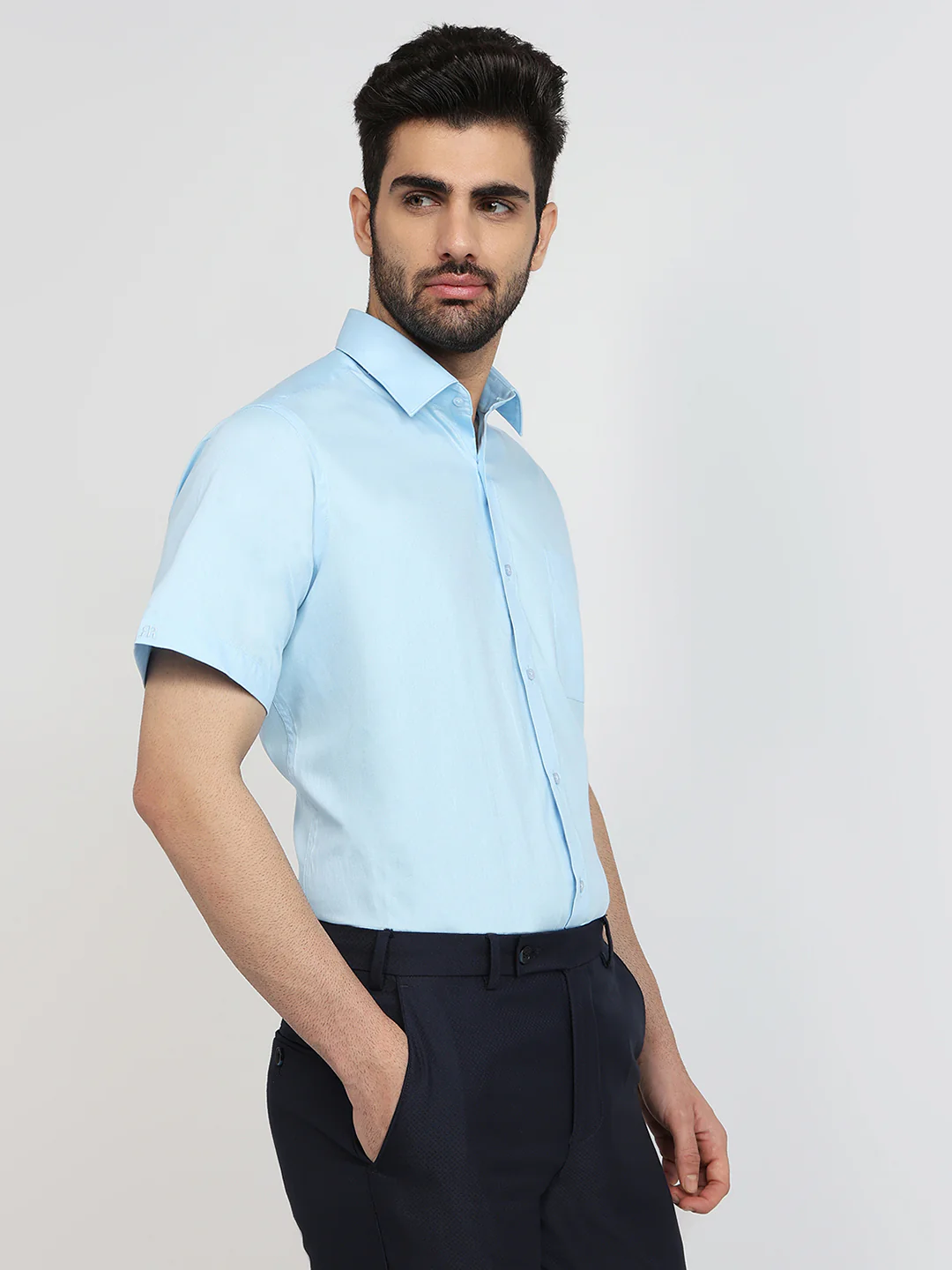 Raymond Men Blue Solid Contemporary Fit Cotton Formal Shirt - Image 3