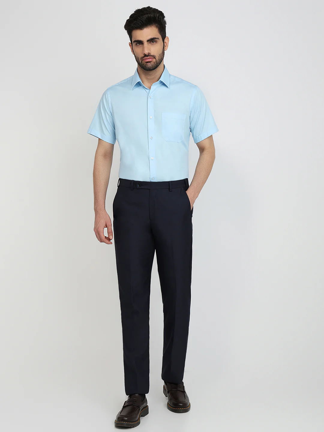 Raymond Men Blue Solid Contemporary Fit Cotton Formal Shirt - Image 5