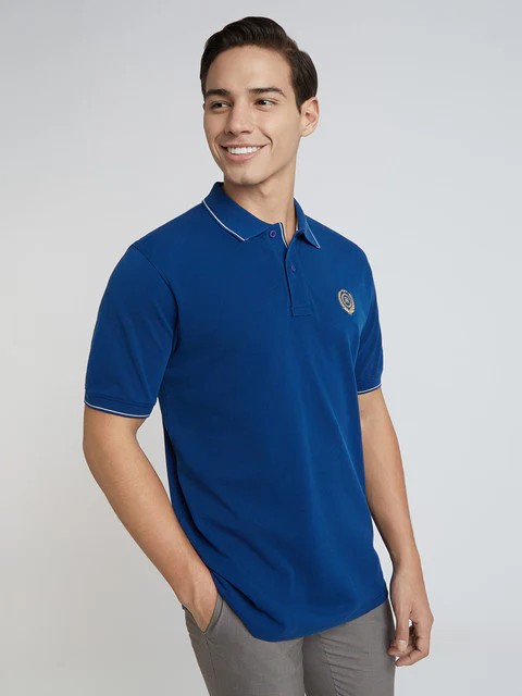 Raymond Men Blue Solid Contemporary Fit Cotton T-Shirt - Image 2
