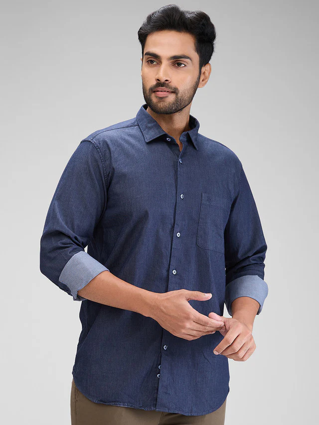 Raymond Men Blue Solid Contemporary Fit Full Sleeve Spread Collar Shirt - Image 2