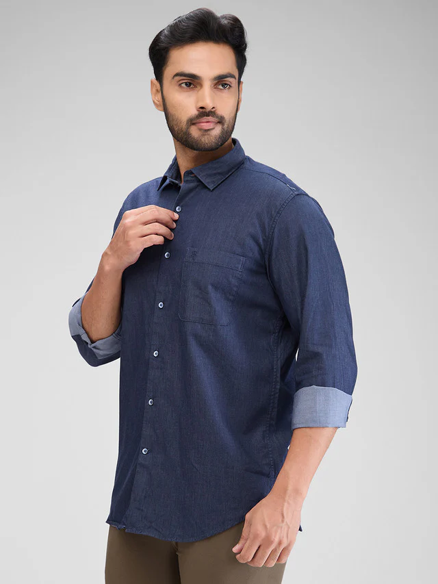 Raymond Men Blue Solid Contemporary Fit Full Sleeve Spread Collar Shirt - Image 3