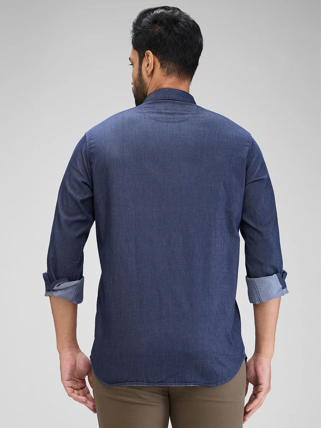 Raymond Men Blue Solid Contemporary Fit Full Sleeve Spread Collar Shirt - Image 4