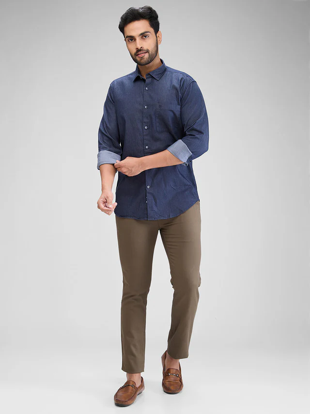 Raymond Men Blue Solid Contemporary Fit Full Sleeve Spread Collar Shirt - Image 5