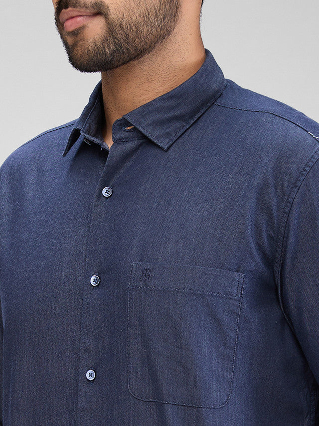 Raymond Men Blue Solid Contemporary Fit Full Sleeve Spread Collar Shirt - Image 6