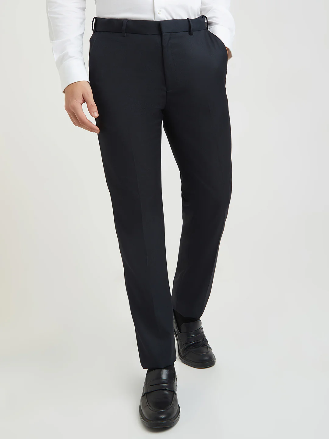 Raymond Men Blue Solid Contemporary Fit Polyester Blend Trouser