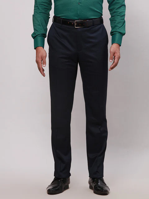 Raymond Men Blue Solid Contemporary Fit Polyester Blend Trouser