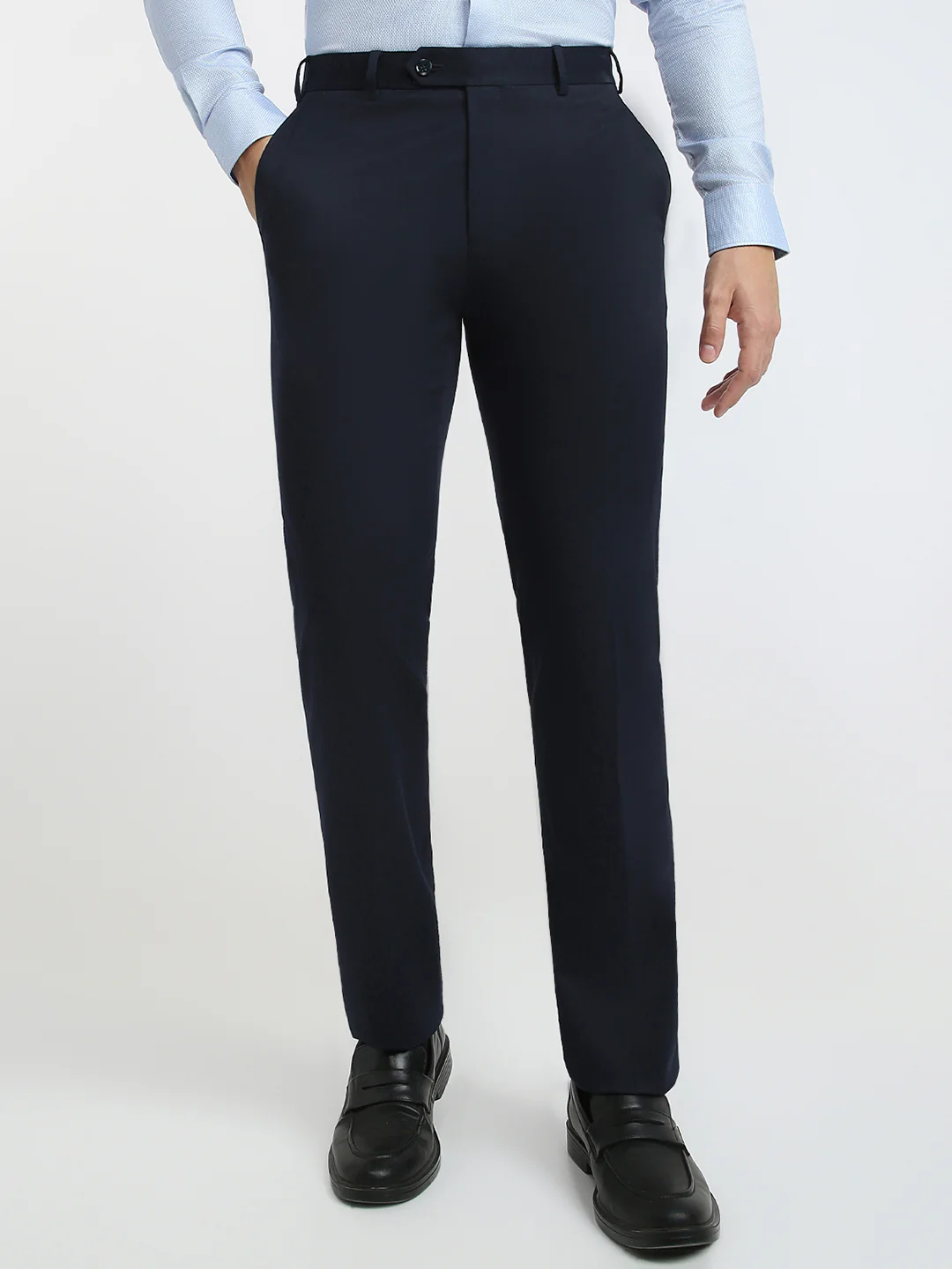Raymond Men Blue Solid Contemporary Fit Polyester Blend Trouser