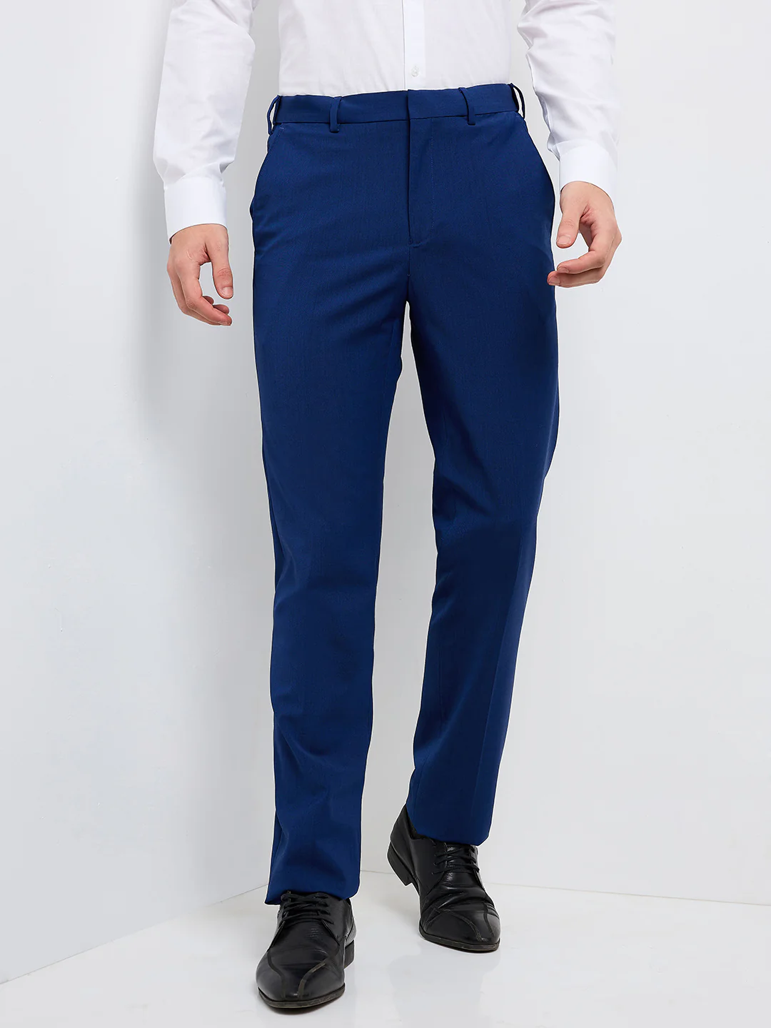 Raymond Men Blue Solid Contemporary Fit Wool Blend Trouser