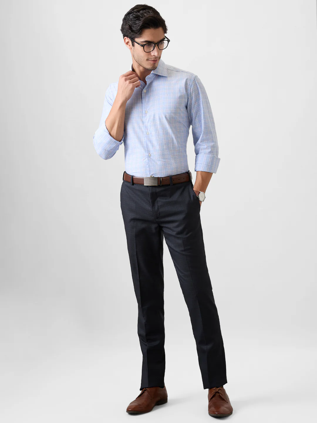 Raymond Men Blue Solid Piece Dyed Contemporary Fit Cotton Shirt - Image 5