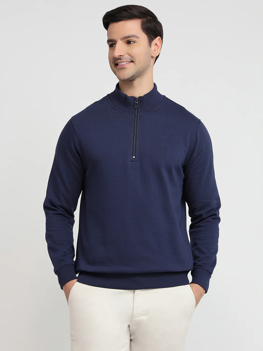 Raymond Men Blue Solid Regular Fit Cotton Blend Sweatshirt