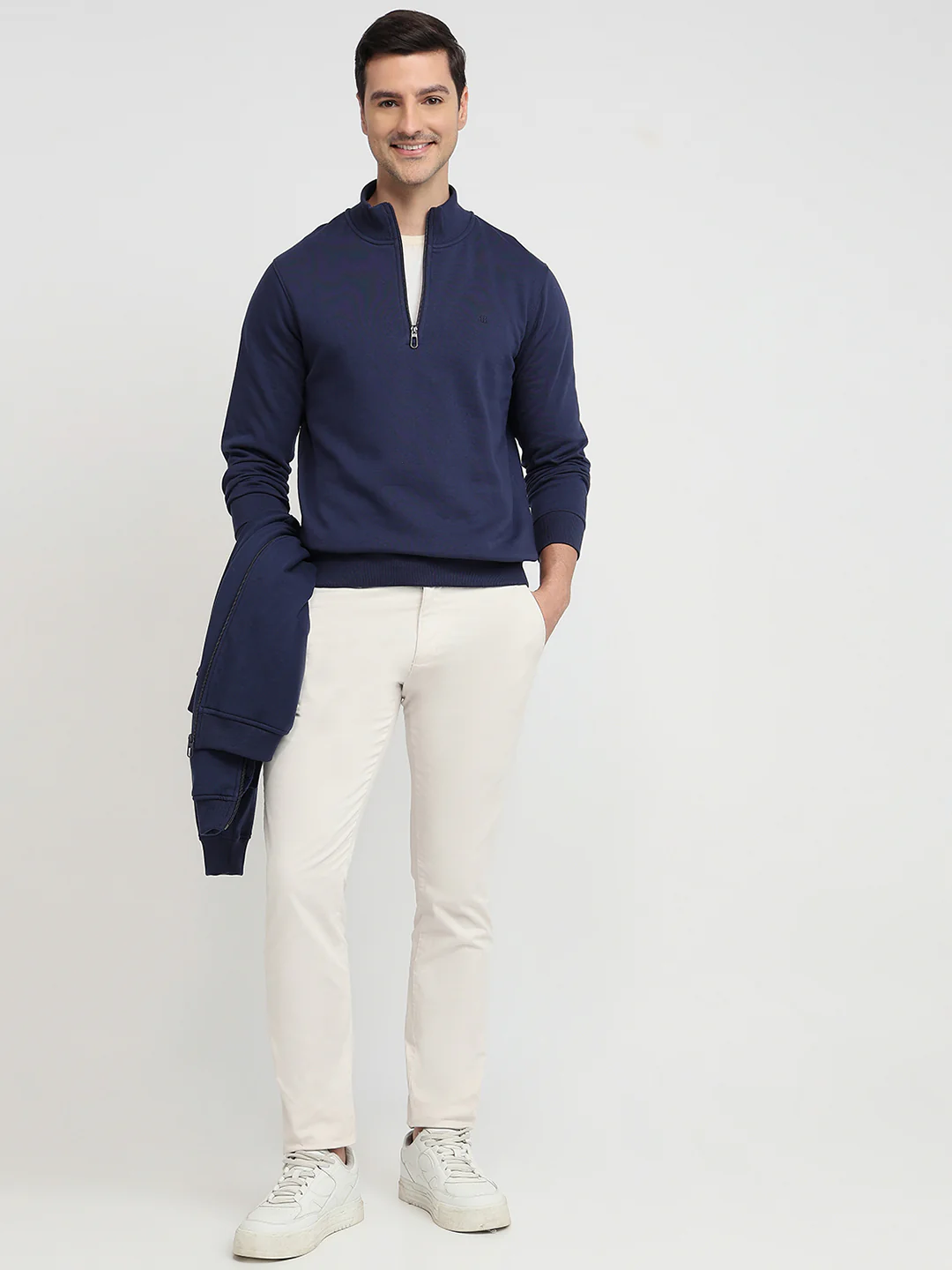 Raymond Men Blue Solid Regular Fit Cotton Blend Sweatshirt - Image 5