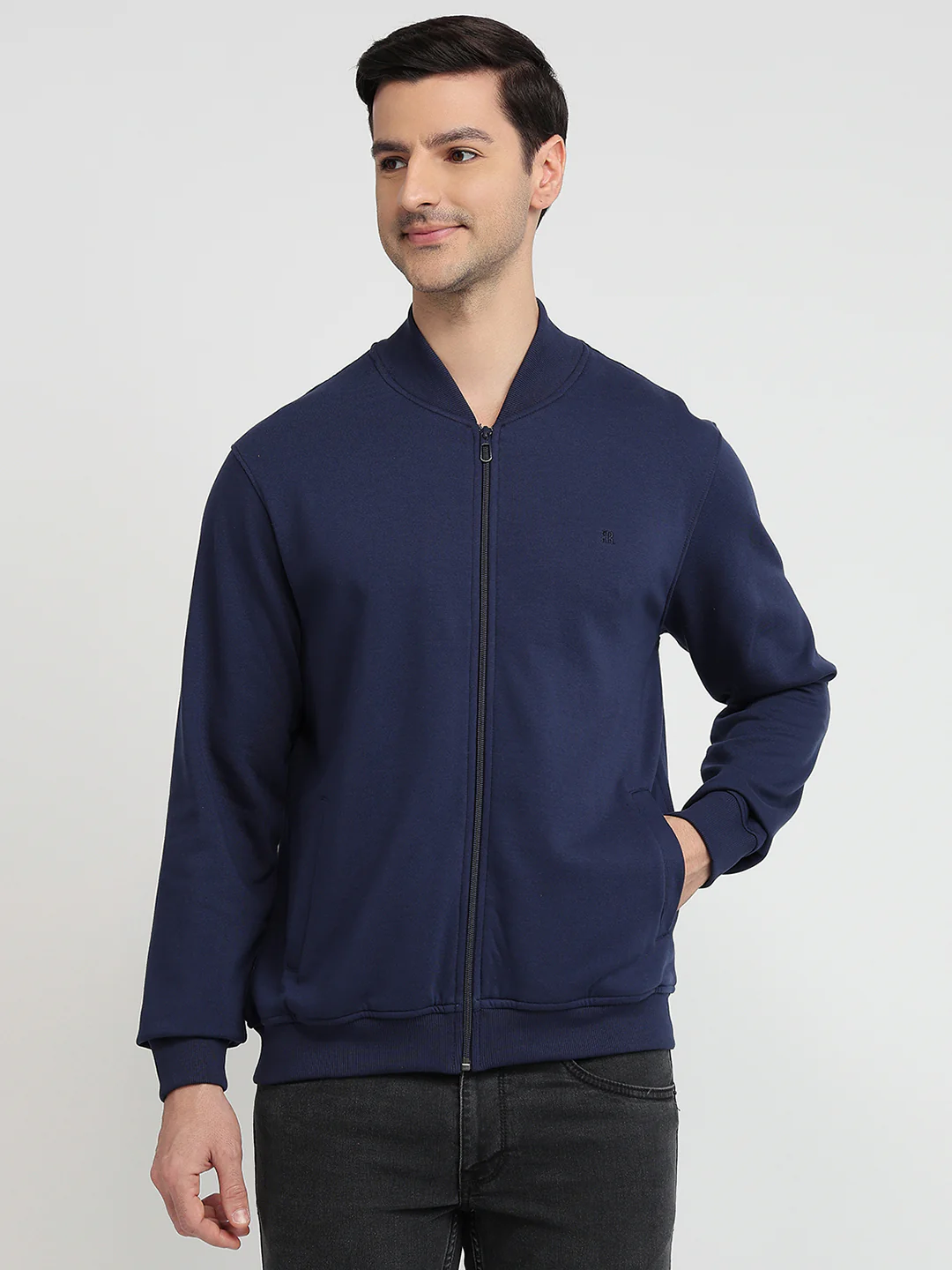 Raymond Men Blue Solid Regular Fit Cotton Blend Sweatshirt