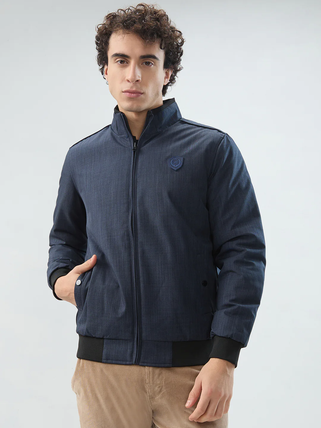 Raymond Men Blue Solid Regular Fit Polyester Jacket/Winterwear
