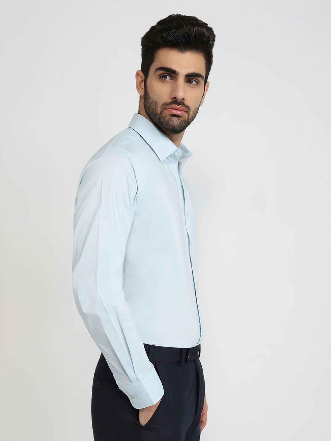 Raymond Men Blue Solid Slim Fit Cotton Blend Formal Shirt - Image 3