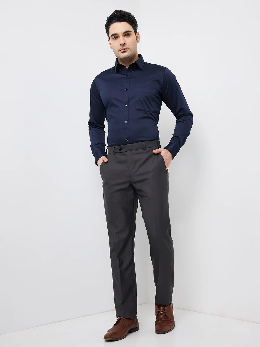 Raymond Men Blue Solid Slim Fit Cotton Blend Shirt - Image 5