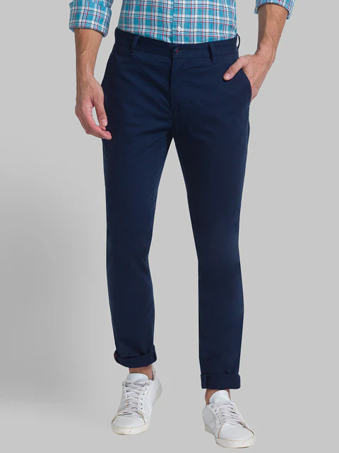 Raymond Men Blue Solid Slim Fit Cotton Blend Trouser