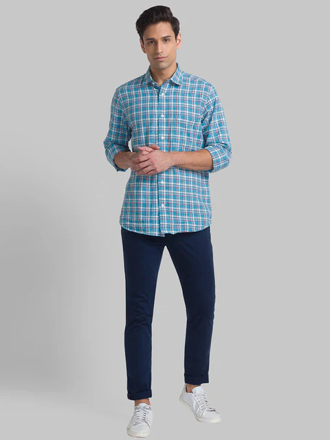 Raymond Men Blue Solid Slim Fit Cotton Blend Trouser - Image 5
