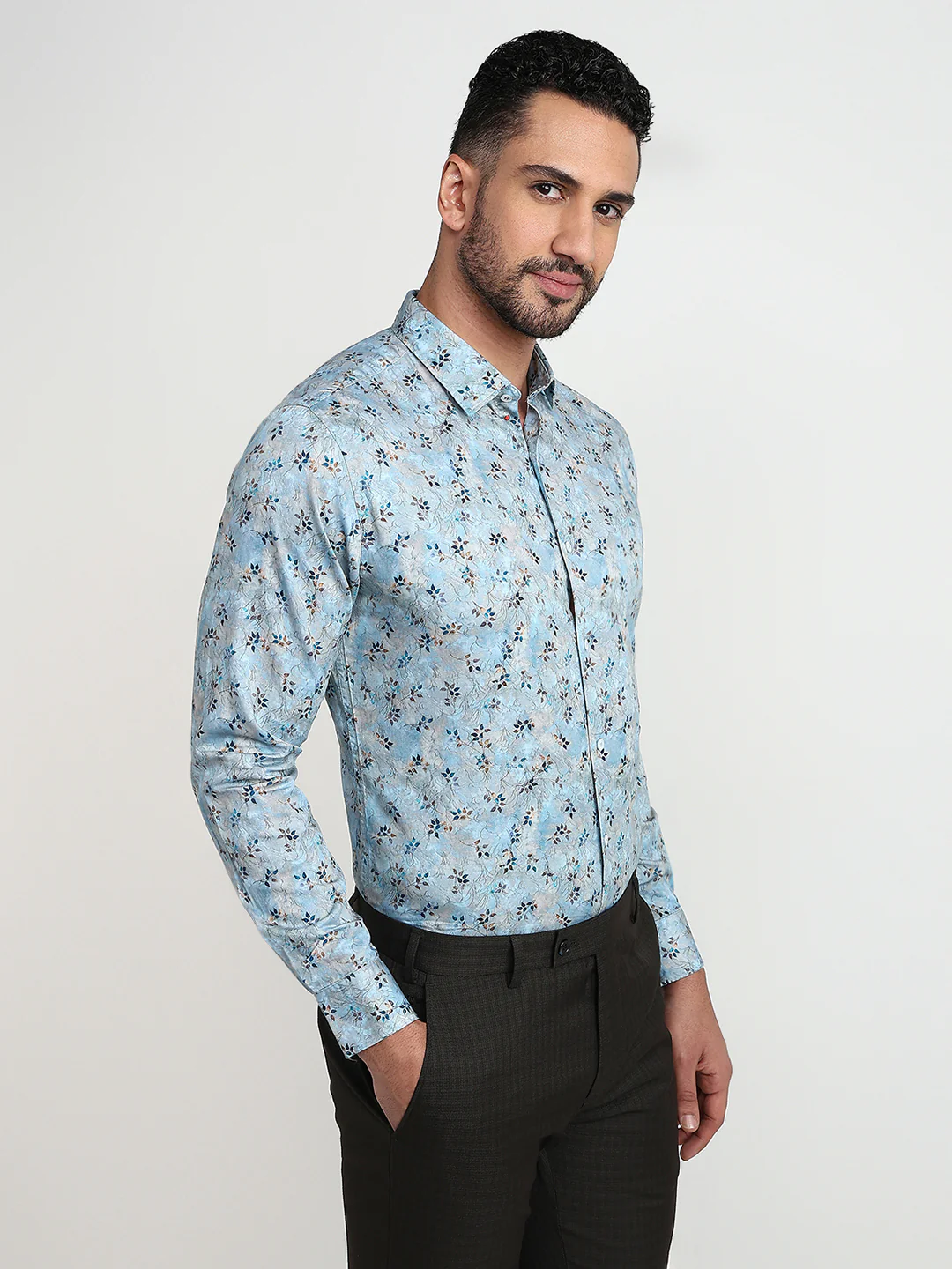 Raymond Men Blue Solid Slim Fit Cotton Casual Shirt - Image 3