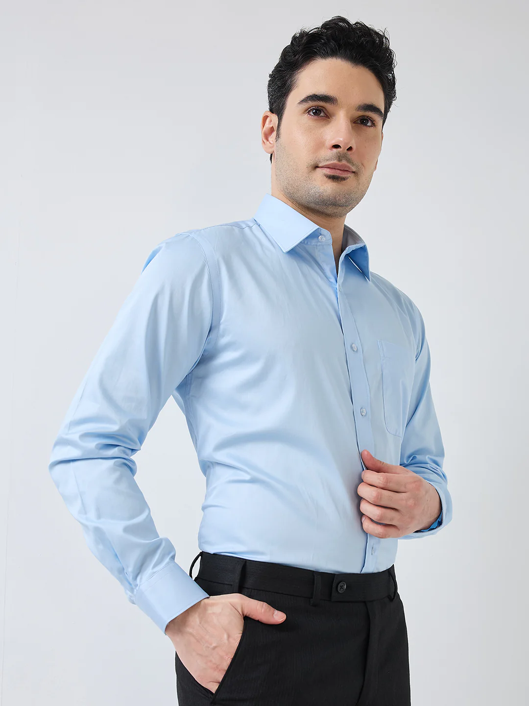 Raymond Men Blue Solid Slim Fit Cotton Formal Shirt - Image 2