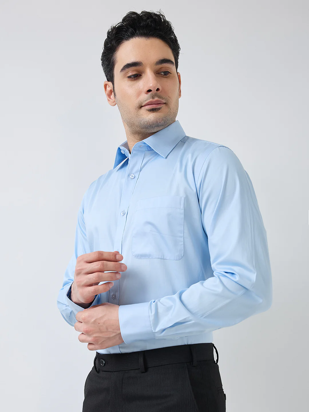 Raymond Men Blue Solid Slim Fit Cotton Formal Shirt - Image 3