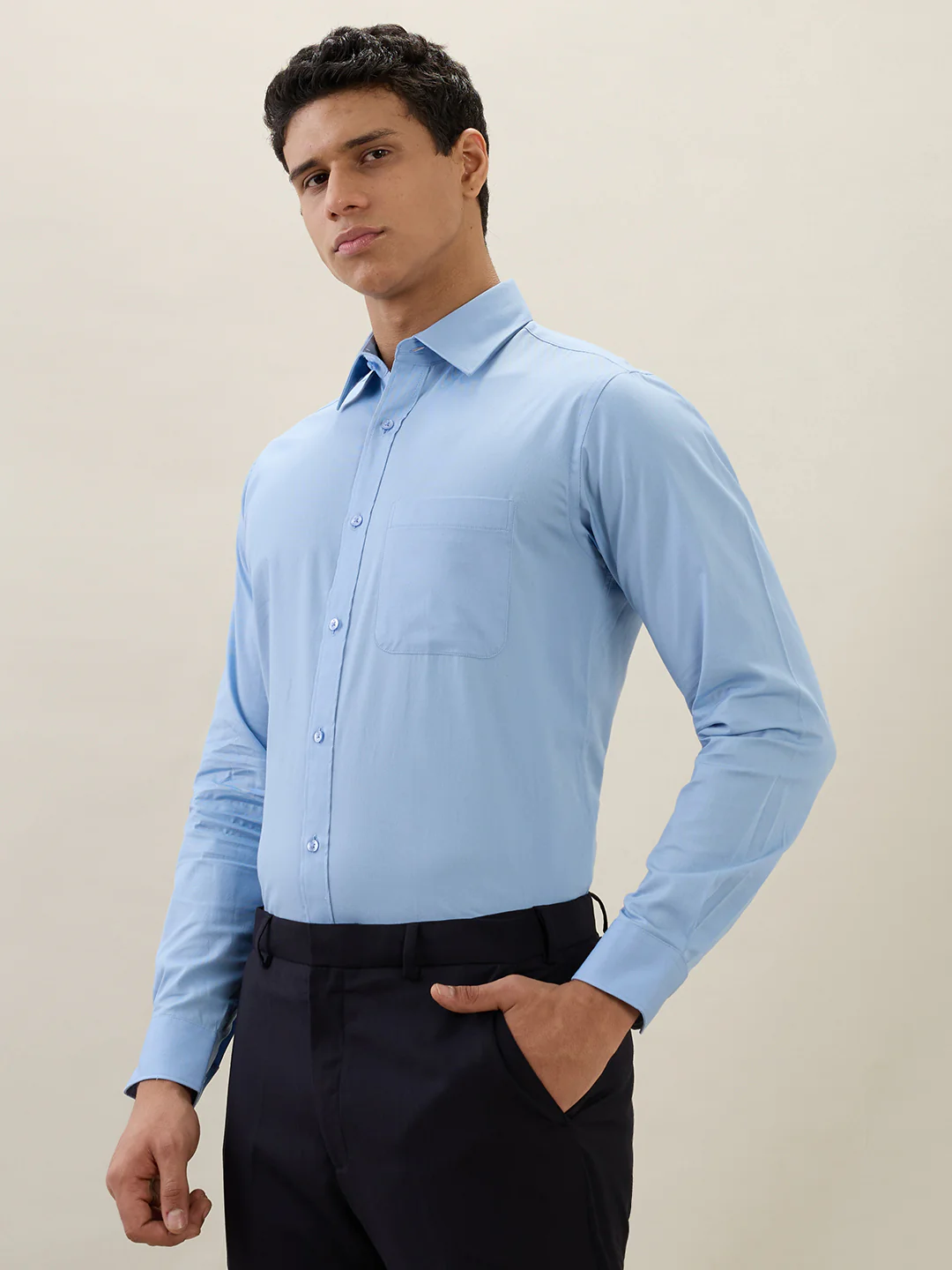 Raymond Men Blue Solid Slim Fit Cotton Formal Shirt - Image 3