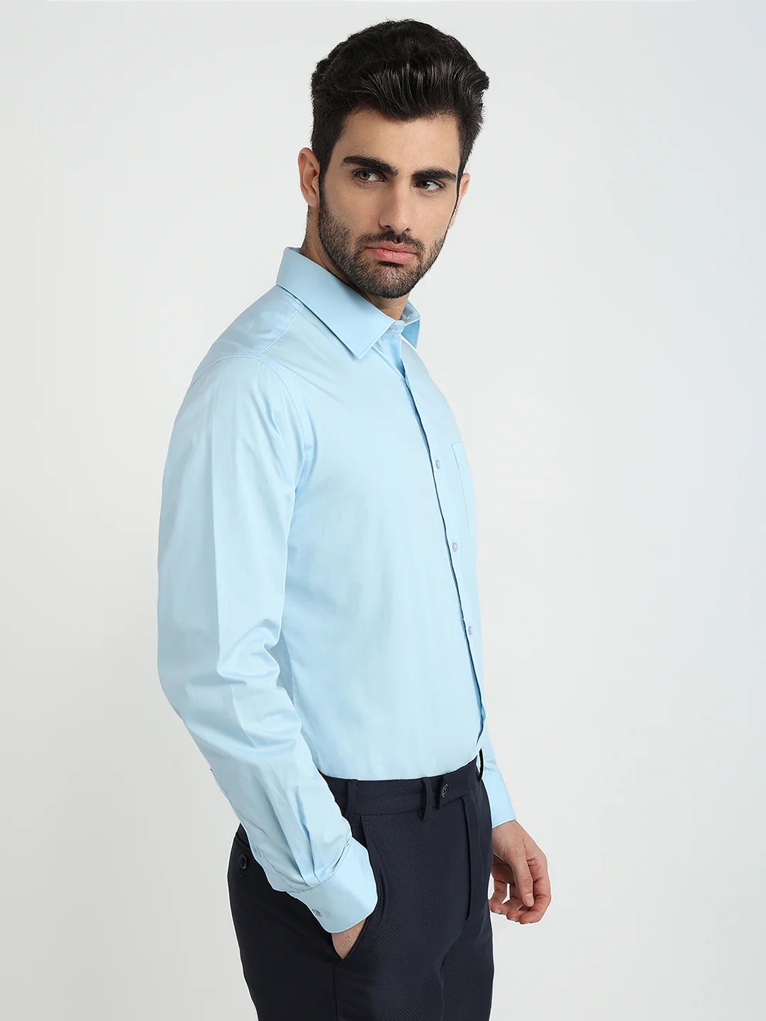 Raymond Men Blue Solid Slim Fit Cotton Formal Shirt - Image 3