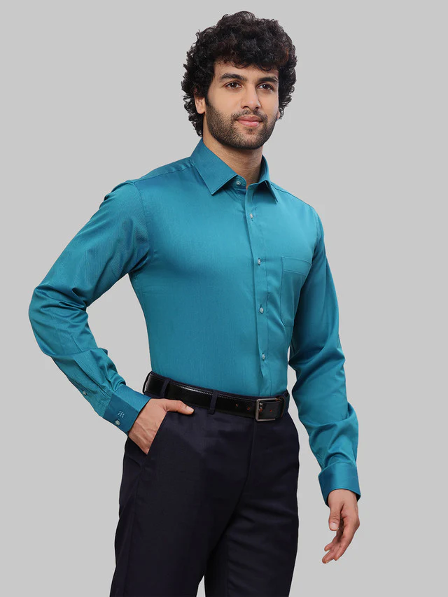 Raymond Men Blue Solid Slim Fit Cotton Shirt - Image 2