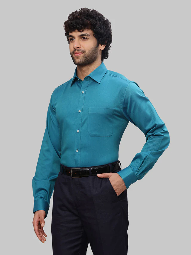Raymond Men Blue Solid Slim Fit Cotton Shirt - Image 3