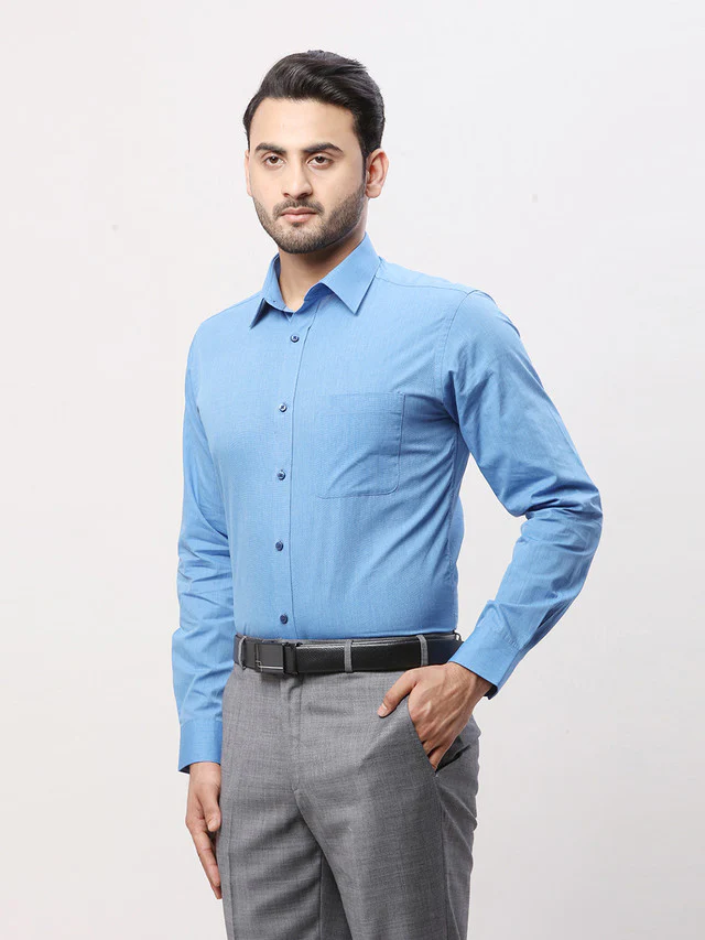 Raymond Men Blue Solid Slim Fit Cotton Shirt - Image 3