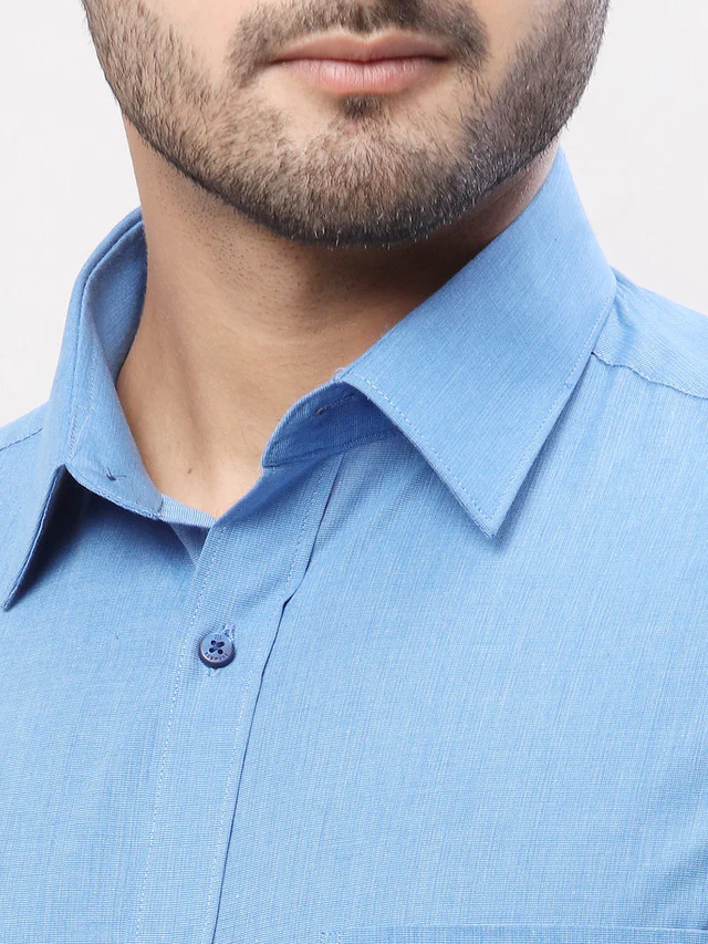 Raymond Men Blue Solid Slim Fit Cotton Shirt - Image 7
