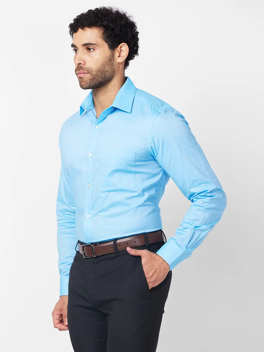 Raymond Men Blue Solid Slim Fit Cotton Shirt - Image 3