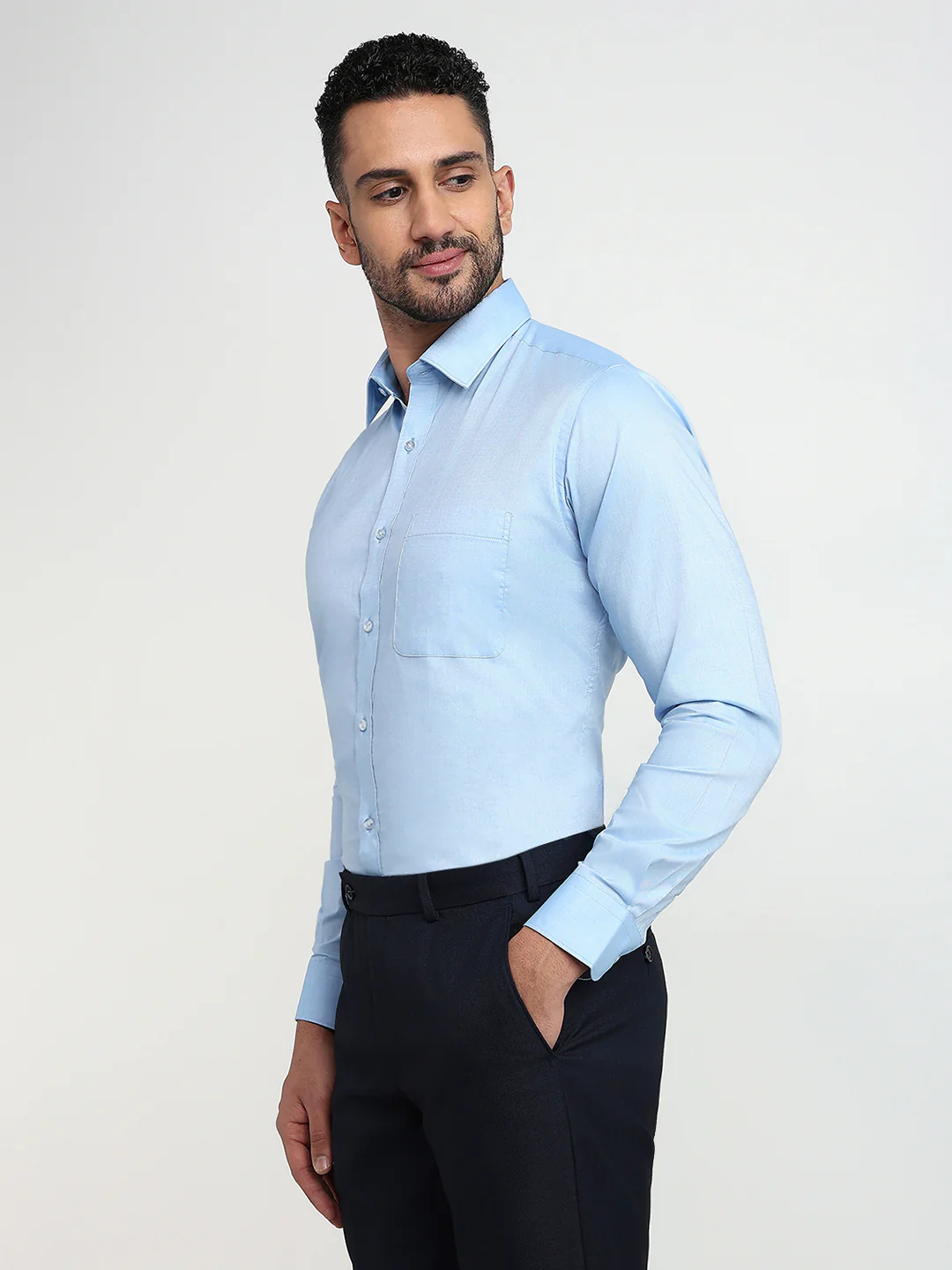 Raymond Men Blue Solid Slim Fit Cotton Shirt - Image 2
