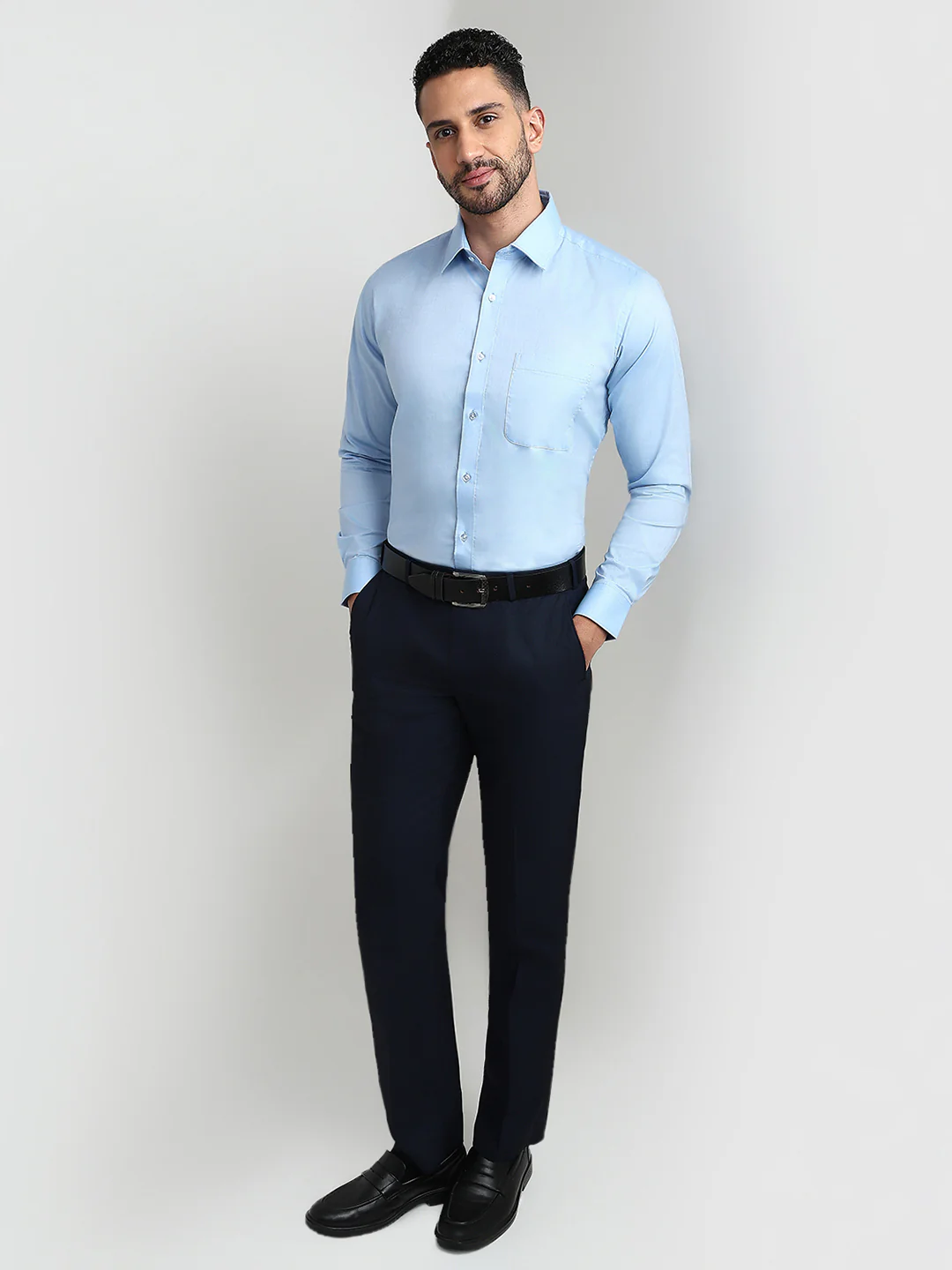 Raymond Men Blue Solid Slim Fit Cotton Shirt - Image 5