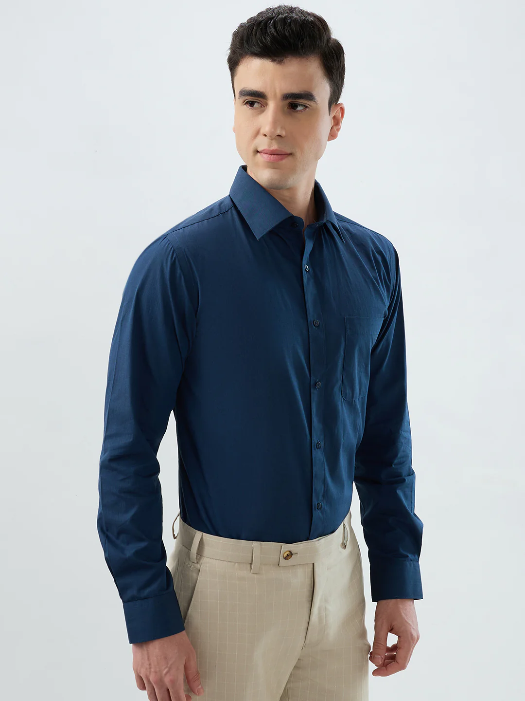 Raymond Men Blue Solid Slim Fit Cotton Shirt - Image 2