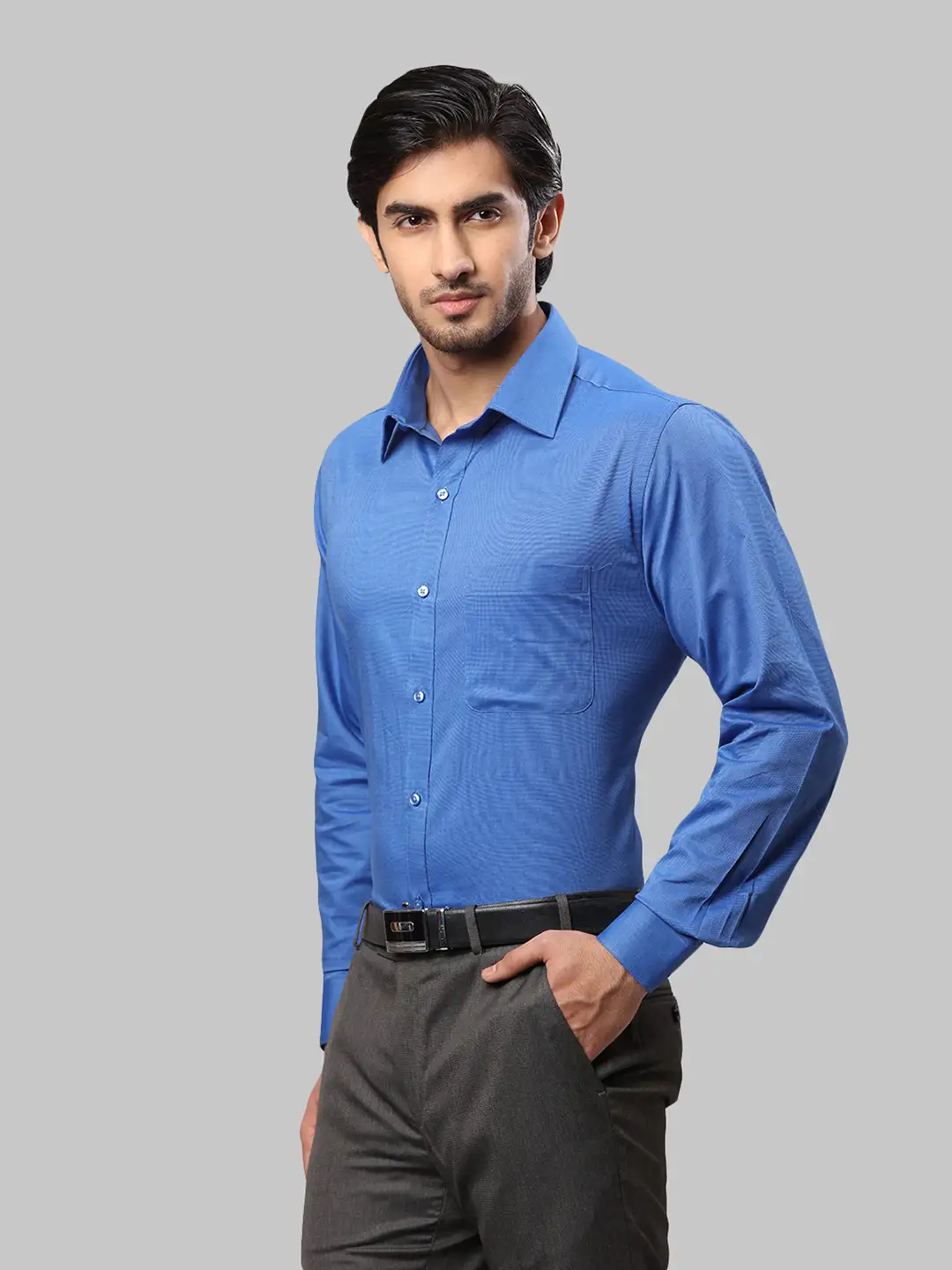 Raymond Men Blue Solid Slim Fit Cotton Shirts - Image 3