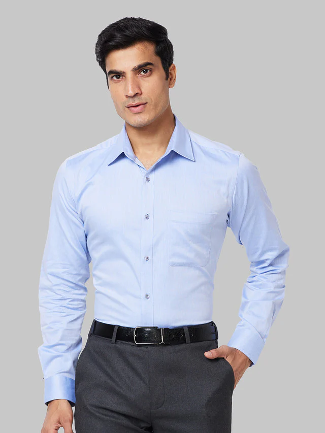 Raymond Men Blue Solid Slim Fit Full Sleeve Cut Away Collar Shirt