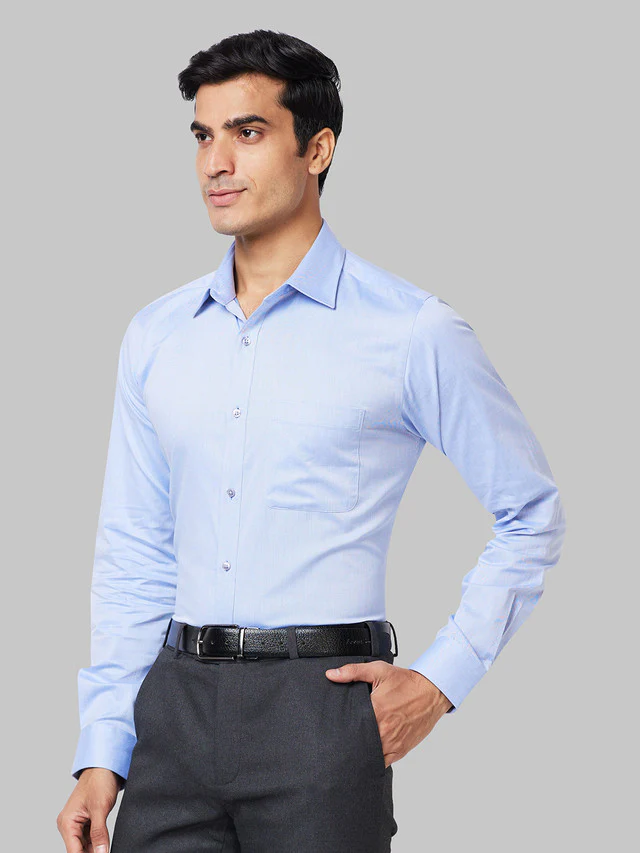 Raymond Men Blue Solid Slim Fit Full Sleeve Cut Away Collar Shirt - Image 3