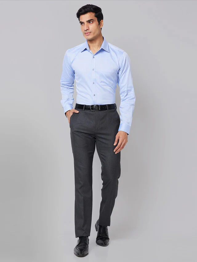 Raymond Men Blue Solid Slim Fit Full Sleeve Cut Away Collar Shirt - Image 5