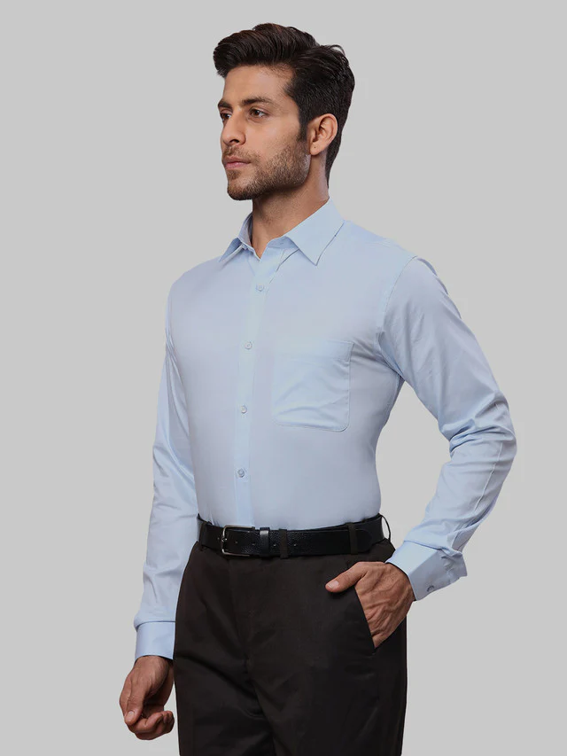 Raymond Men Blue Solid Slim Fit Full Sleeve Cut Away Collar Shirt - Image 3