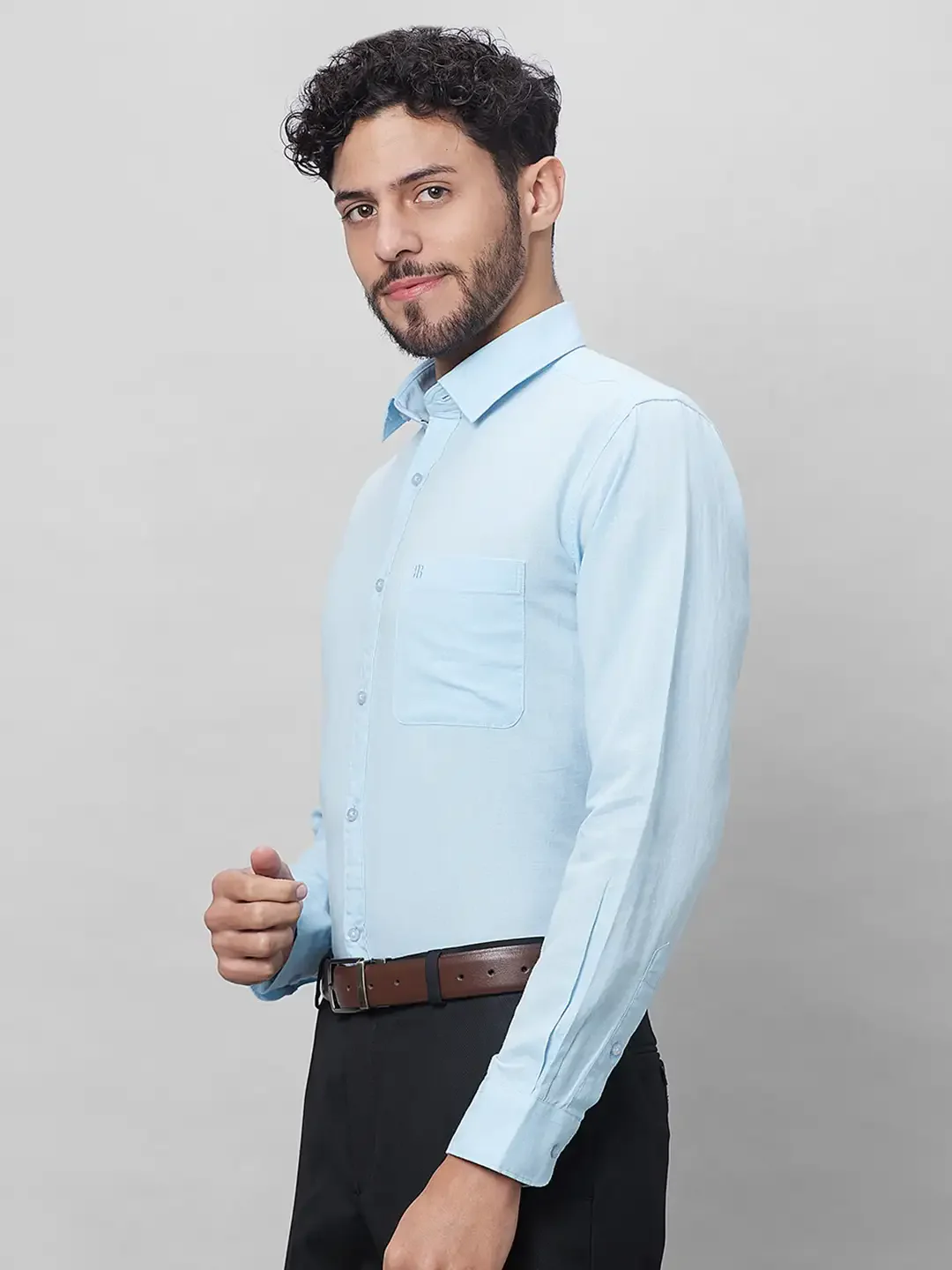 Raymond Men Blue Solid Slim Fit Linen Blend Shirts - Image 3