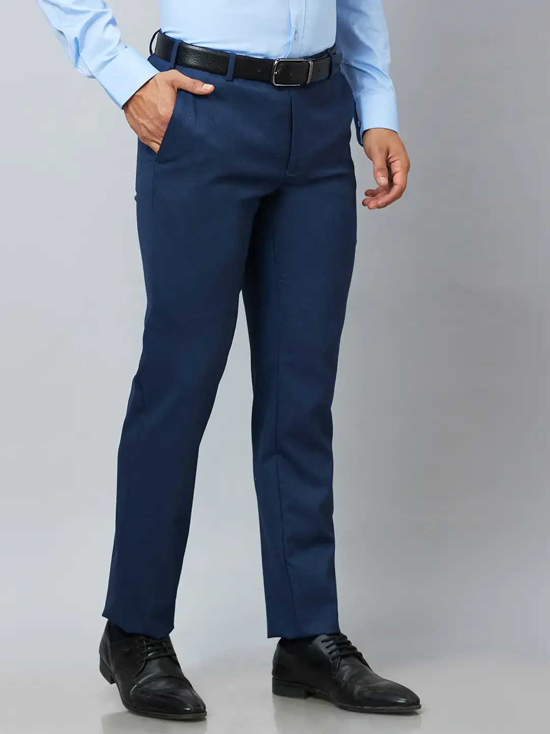 Raymond Men Blue Solid Slim Fit Polyester Blend Trousers - Image 2