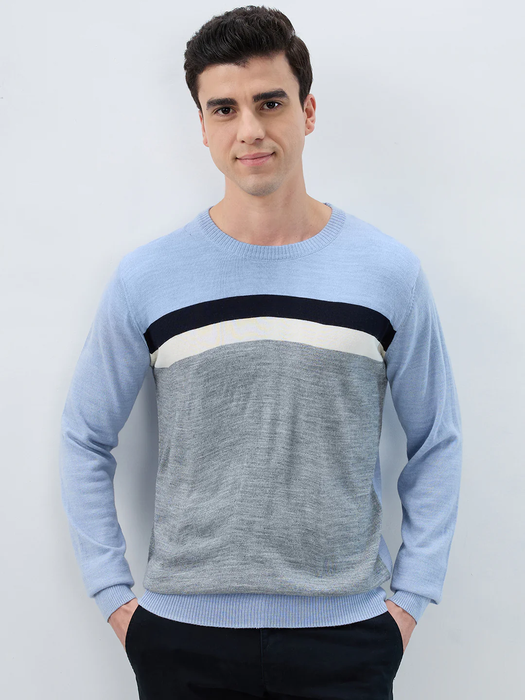 Raymond Men Blue Stripe Acrylic Blend Sweatshirt