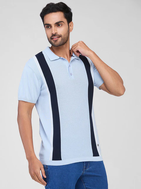 Raymond Men Blue Stripe Contemporary Fit Cotton T-Shirt - Image 2