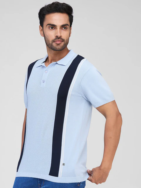 Raymond Men Blue Stripe Contemporary Fit Cotton T-Shirt - Image 3