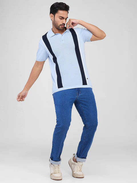 Raymond Men Blue Stripe Contemporary Fit Cotton T-Shirt - Image 5