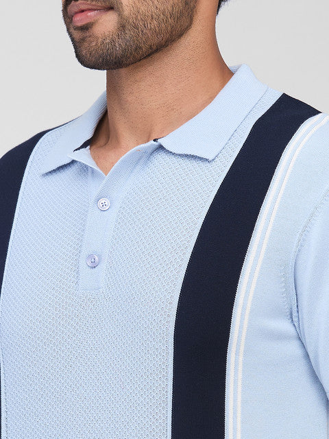 Raymond Men Blue Stripe Contemporary Fit Cotton T-Shirt - Image 6
